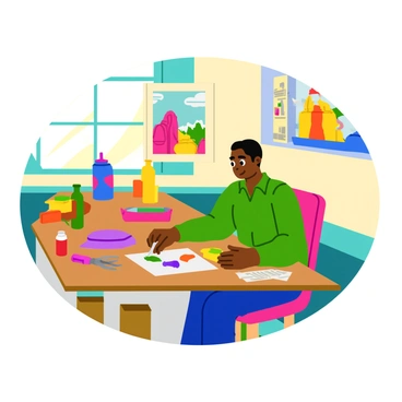 An artist using recycled materials to create flat illustrations, showcasing their sustainable art practices.