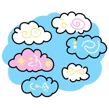 A cloudy sky filled with various clouds, each exhibiting intricate decorative patterns inspired by the works of Gustav Klimt. The clouds are shaped in soft, flowing forms, with vibrant colors and detailed designs that include spirals, geometric shapes, and floral motifs. The background is a light blue, contrasting with the decorative patterns within each cloud, creating a prominent visual impact.