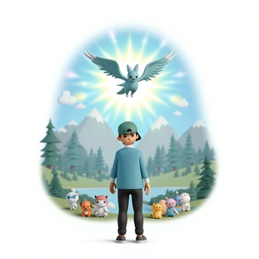 A Pokémon trainer, wearing a green cap, a blue jacket, and black pants with sneakers, stands in awe as a legendary Pokémon is revealed. The trainer has a look of excitement and anticipation on their face. The legendary Pokémon, with shimmering scales and majestic wings, is soaring above them, radiating a bright, colorful aura. Surrounding them are various Pokémon, all gazing at the legendary creature with wonder. The setting includes a vibrant landscape filled with trees, mountains, and a clear sky, emphasizing the significance of this special in-game event.