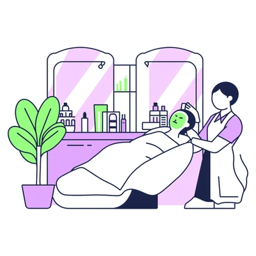 A chic beauty salon interior is visible, featuring modern décor and elegant furnishings. To the right, a client is lying on a treatment bed, covered with a soft white towel, while a beauty therapist is applying a facial mask. The therapist is wearing a sleek uniform and is focused on the client's face. In the background, there are large mirrors reflecting the stylish lighting fixtures and neatly arranged beauty products on shelves. A potted plant is placed in the corner, adding a touch of greenery to the space.