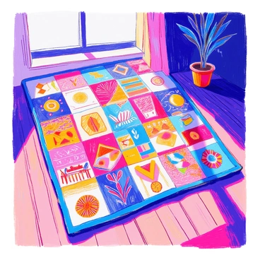 A quilt is laid out on a wooden floor, composed of numerous patches, each square showcasing a unique design that tells a different cultural story. One patch features intricate patterns inspired by African tribal art, while another displays traditional Chinese symbols. A third patch highlights Native American motifs, and a fourth showcases bright geometric shapes typical of Latin American textiles. The quilt is surrounded by soft sunlight filtering in through a nearby window, casting gentle shadows across the fabric. The textures of the patches vary, some smooth and others featuring embroidery, creating a rich tapestry of history and heritage.