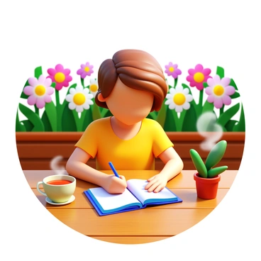 A young adult sitting at a wooden table on a sunny patio. The individual is focused on writing in a mindfulness journal, which has a colorful cover. A soft breeze ruffles their hair, and sunlight casts gentle shadows around them. The table is adorned with a steaming cup of tea and a small potted plant. In the background, vibrant flowers bloom in a garden, completing the relaxed atmosphere.