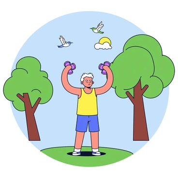 A person is lifting dumbbells with both arms raised, showcasing a strong posture. The person is wearing a bright sports tank top and shorts. The park is filled with green trees, some with thick trunks and broad leaves, providing shade. In the background, several small birds are perched on branches and flying in the clear blue sky. The sun shines brightly, casting soft shadows on the grass where the person is standing.