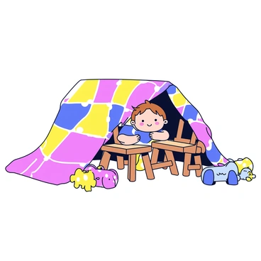An infant with a tuft of light brown hair is peeking out from underneath a colorful homemade blanket fort. The fort is made of various patterned blankets, including stripes and polka dots, draped over a set of wooden chairs. The infant is holding onto the edge of the blanket with tiny hands, and a big smile is visible on their face. Soft toys are scattered around the entrance of the fort, adding to the playful atmosphere. The scene is well-lit, highlighting the infant's joyful expression and the vibrant colors of the blankets.