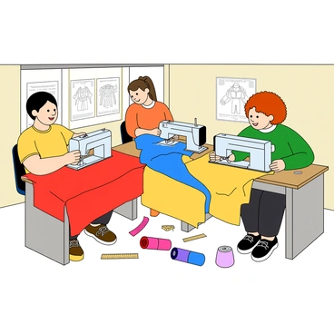 A group of three students is engaged in a sewing class. One student has short black hair and wears a yellow t-shirt, while another has long brown hair tied in a ponytail, dressed in a blue shirt. The third student has curly red hair and is wearing a green sweater. Each student has a variety of colorful fabrics spread out on their desks, including bright reds, blues, and yellows. Spools of thread in vibrant colors such as pink, purple, and orange are scattered around them. They are focused on their sewing machines, with one student holding a pair of scissors and another measuring fabric with a ruler. The classroom is well-lit, with a few sewing patterns displayed on the walls.