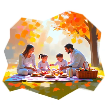 A family of four, consisting of two adults and two children, is enjoying a picnic on a checkered blanket spread across the grass. The adults are sitting on one side of the blanket, while the children are playing nearby, laughing and chasing each other through the vibrant, colorful autumn leaves scattered across the ground. The trees surrounding the picnic area are filled with leaves in shades of orange, red, and yellow, creating a warm and inviting atmosphere. A picnic basket is open next to the adults, revealing sandwiches, fruits, and a thermos. Sunlight filters through the branches, casting dappled shadows on the scene.