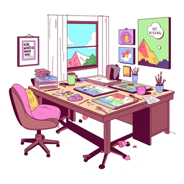 An intimate setting inside an illustrator's home studio, showcasing a cluttered desk filled with various art tools including pencils, brushes, and paints. Scattered sketches of characters and landscapes are arranged haphazardly across the desk surface. A cozy chair is positioned next to the desk, inviting someone to sit and engage in conversation. The walls are adorned with colorful artwork and inspiring quotes framed to add personality to the space. A window lets in natural light, illuminating the artist's workspace and creating a warm atmosphere.
