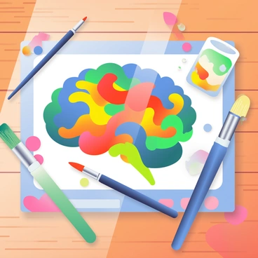 An artist's palette is placed flat on a wooden table. The palette is filled with vibrant colors, including deep blues, bright yellows, rich reds, and vivid greens. The paint swirls and merges together, forming the shape of a brain in the center. Each section of the brain is accentuated with different shades, creating a dynamic visual effect. Surrounding the palette, there are several paintbrushes with colorful bristles, and a few paint tubes are scattered around, some open with paint oozing out. A soft light casts gentle shadows, enhancing the textures of the palette and paint.