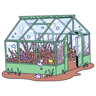 An abandoned greenhouse with a rusted metal frame covered in patches of peeling green paint. Broken glass panes are scattered across the ground, glinting in the light. Inside, dry and brittle plant stems are tangled together, showcasing a once-vibrant ecosystem. Some remnants of faded flowers can be seen among the withered foliage, hinting at past colors and life. The dirt floor is cracked and dusty, with small weeds pushing through in places. Light filters through the shattered glass, casting intricate shadows on the walls.