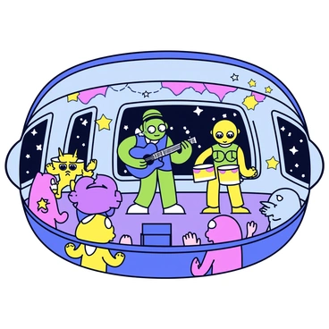 A spaceship interior is filled with vibrant lights and colorful decorations. An alien band is performing on a small stage, with three members: a green-skinned vocalist with large eyes, a blue-skinned guitarist with a long tail, and a yellow-skinned drummer with multiple arms. The audience consists of various aliens, all enjoying the music, with some clapping and others swaying to the rhythm. The walls of the spaceship feature windows showing a starry space backdrop.
