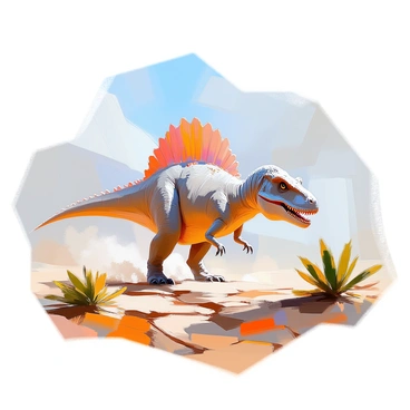 A spinosaurus is depicted traversing an arid landscape characterized by dry, cracked earth. The dinosaur has distinct features, including a long snout filled with sharp teeth and a large sail-like structure along its back. Sparse vegetation is scattered throughout the terrain, consisting of small, resilient plants with thick leaves. The sky overhead is a pale blue, enhancing the starkness of the environment. The spinosaurus is captured mid-step, its powerful legs propelling it across the rugged ground, with dust rising slightly in its wake.