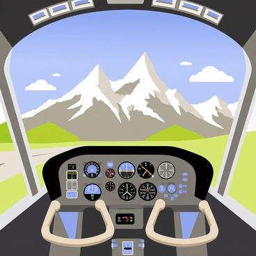A pilot's view from the cockpit of an airplane, showcasing the control panel filled with various dials and instruments. The large front windshield presents a panoramic view of a majestic mountain range below, with sharp peaks covered in white snow. The mountains are colored in shades of gray and brown, and patches of green forests are visible on their slopes. The sky is a vibrant blue with a few fluffy white clouds scattered throughout, creating a clear and bright atmosphere. The airplane wings extend out from each side of the cockpit, emphasizing the height and perspective of the flight.