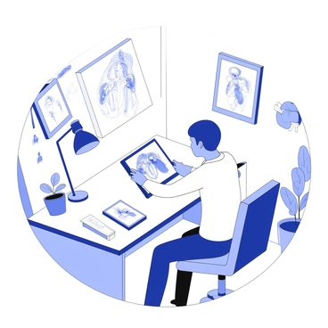 A digital artist is working on a high-tech tablet in a cozy home office. The artist is focused on a detailed medical illustration displayed on the screen of the tablet. Surrounding the artist are various art supplies, including sketch pads and styluses. There is a comfortable chair positioned at a wooden desk, where a bright desk lamp illuminates the workspace. On the walls, there are framed medical illustrations and anatomical charts. A potted plant sits on the desk, adding a touch of greenery to the environment. The overall setting conveys a sense of warmth and creativity.