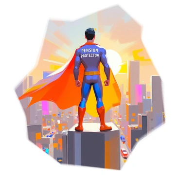 A superhero figure stands tall atop a skyscraper, overlooking a vibrant cityscape. The superhero has a confident posture, wearing a sleek, form-fitting suit in shades of blue and gold. Flowing dramatically from their shoulders is a cape emblazoned with the words "Pension Protector" in bold, contrasting letters. The city below is bustling with activity, featuring tall buildings, busy streets, and small vehicles moving along. The sun is setting in the background, casting a warm golden light over the scene, highlighting the superhero's determined expression as they watch over the city.