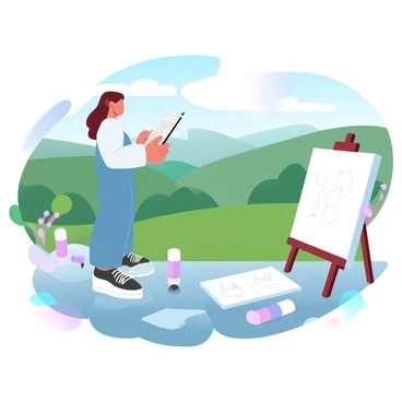 An artist is standing on a rocky ledge overlooking a lush green valley. The artist is holding a sketchbook and looking out at the view, with a paintbrush tucked behind one ear. Surrounding the artist are scattered art supplies, including tubes of paint and brushes. In the background, rolling hills extend into the distance, dotted with trees and colorful wildflowers. A soft breeze rustles the pages of the sketchbook, which is filled with preliminary sketches. A large canvas sits propped up nearby, ready for the artist's next creation.
