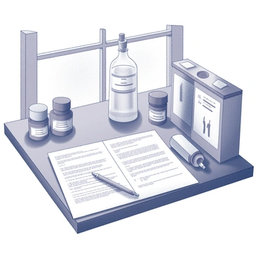 A kitchen table is displayed with a DIY home blood test kit. The kit includes various components such as test vials, alcohol swabs, and a small lancet device. Instructions are laid out, printed neatly on a sheet of paper, detailing the steps to follow for the test. Sunlight streams through a nearby window, casting soft shadows on the table, highlighting the organized arrangement of the kit and instructions. A pen lies next to the instructions, ready for notes.