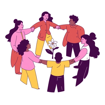 A group of diverse individuals is standing in a supportive circle, holding hands. Each person has distinct features representing various ethnicities. The individuals are dressed in bright clothing, adding vibrancy to the scene. Their facial expressions show warmth and encouragement, creating an atmosphere of unity and support. In the center of the circle, there is a small white flower, symbolizing growth and connection among them. The overall composition conveys a strong sense of community and togetherness.