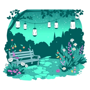 A teal garden is illuminated by numerous white hanging lanterns that cast a soft glow over the surroundings. Various flowers in vibrant colors, including roses and daisies, are blooming around the garden, their petals opened wide to embrace the night. The sky above is filled with twinkling stars, providing a magical backdrop to the scene. A cobblestone path winds through the garden, leading to a small wooden bench nestled among the flowers, inviting visitors to sit and enjoy the serene atmosphere.