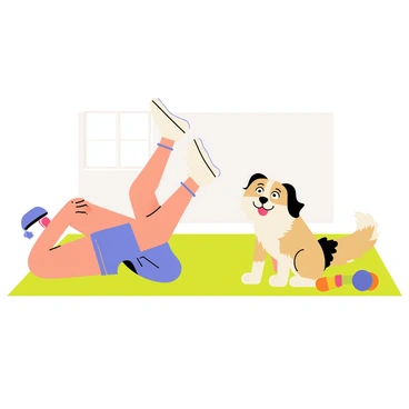 A person in workout attire is performing side-lying leg raises on a bright green exercise mat. The person's expression shows focus and determination. Nearby, a playful dog with fluffy fur and a wagging tail is sitting and watching curiously. The dog has a big smile on its face, and its ears are perked up in excitement. A colorful toy lies on the mat beside the dog, indicating it is ready to play. The scene is set in a well-lit room with light-colored walls.