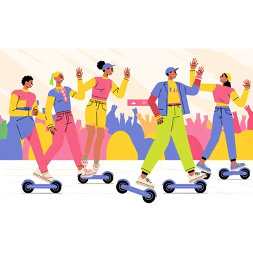 A vibrant dance troupe performing a choreographed routine on mini segways. Each dancer wears colorful, matching outfits that reflect their individual style while maintaining a cohesive look. The mini segways are sleek and modern, gliding smoothly along the stage. The dancers are in dynamic poses, showcasing their skills as they twist and turn on the segways. The background features a lively atmosphere with bright lights and a cheering audience, enhancing the energy of the performance.