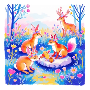 A group of playful forest animals gathers in a sunny meadow. A small brown bunny with soft fur and bright eyes wears a delicate flower crown made of daisies. Next to the bunny, a curious fox with a bushy tail and a bushy flower crown made of wildflowers playfully paws at the ground. A cheerful squirrel with a fluffy tail and a crown adorned with tiny marigolds is perched on a nearby rock, nibbling on an acorn. In the background, a gentle deer stands gracefully, its crown of vibrant bluebells contrasting with its smooth, brown fur. Lush green grass and colorful wildflowers surround the animals, completing this lively scene.