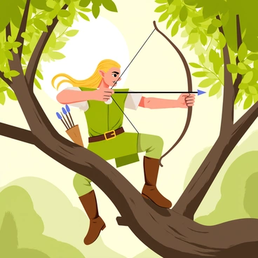 Legolas, an elf with long, flowing blonde hair, is perched on a sturdy tree branch in a lush green forest. He is wearing a detailed green tunic and brown leather boots. His expression is focused as he draws back a sleek, elegant bow, aiming an arrow with precision. Several arrows are elegantly arranged in a quiver slung over his shoulder. Sunlight filters through the leaves, casting dappled light on the scene, enhancing the vibrant colors of the surrounding foliage. The atmosphere captures a sense of action as he prepares to shoot an arrow into the distance.