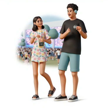 Two music lovers, a man and a woman, are standing together at an outdoor concert. The man is wearing a black t-shirt with a logo, denim shorts, and comfortable sneakers. He has earbuds in his ears and is animatedly talking while gesturing with his hands. The woman is wearing a colorful floral dress and sandals. She is smiling, holding a portable speaker in one hand, and tapping her foot to the music. In the background, a crowd of people is enjoying the concert, with colorful stage lights illuminating the scene. A few trees are visible, adding to the outdoor atmosphere.