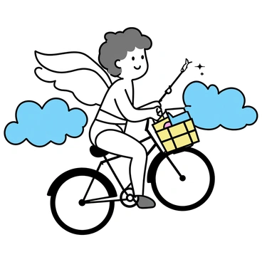 A vintage-style illustration of cupid delivering love letters by bicycle
