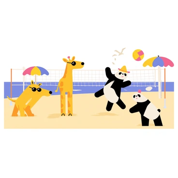 A bright, sunny beach scene featuring cartoon characters playing volleyball. The characters include a cheerful yellow dog wearing sunglasses, a tall giraffe with a sun hat, and a short, stout panda jumping to spike the ball. The volleyball is mid-air, with a dynamic motion effect showing its trajectory. In the background, there are colorful beach umbrellas and a refreshing ocean with gentle waves. A small group of seagulls is flying above, adding to the lively atmosphere of the beach.