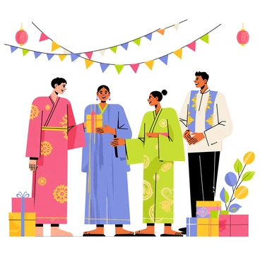 A group of four people dressed in traditional attire stand in a colorful outdoor setting, exchanging gifts. One person is wearing a vibrant red kimono with intricate floral patterns, while another is dressed in a flowing blue sari adorned with golden embroidery. The third individual has on a bright green dashiki with bold prints, and the last person is in a classic white kurta with a colorful vest. They are surrounded by decorative banners and festive lanterns, with a table displaying various beautifully wrapped gifts nearby. Each person has a joyful expression, highlighting the celebration of the cultural festival.