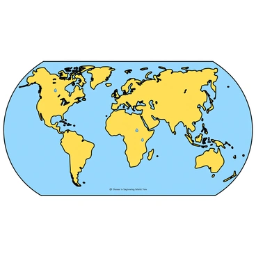 A detailed world map featuring various continents and countries. The regions severely affected by drought are highlighted in a bright, noticeable yellow color. Each affected area is outlined clearly with bold borders, showcasing their geographical shape. Additionally, small icons of a droplet of water are placed within these drought-affected regions, symbolizing the lack of water. The oceans and other water bodies are depicted in blue, contrasting sharply with the yellow-highlighted regions. The map has a simple legend in the corner, explaining the color coding used to indicate drought severity.