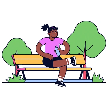 A jogger wearing a bright red t-shirt and black shorts is sitting on a wooden park bench. The jogger has a water bottle resting on their knee. Their hair is slightly damp from perspiration, and they have a focused expression on their face as they catch their breath. In the background, there are green trees and a clear blue sky. The park bench is placed on a pathway lined with soft grass on either side.