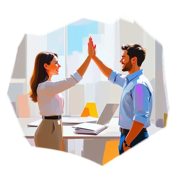 Two colleagues are standing in an office environment, smiling as they give each other a high five to celebrate meeting their quarterly quotas. The first colleague, a woman with medium brown hair in a business casual outfit, is raising her hand in the air. The second colleague, a man with short black hair wearing a light blue shirt, is matching her enthusiasm by raising his hand to meet hers. In the background, there are office cubicles and a large window showing a clear blue sky. The scene conveys a sense of teamwork and achievement.