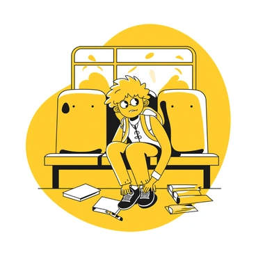 A student sitting on a bus, looking under the seat with a worried expression. The student is wearing a backpack and has tousled hair. Their hands are reaching down to search for a pencil case. Around the student, there are scattered books and papers, indicating a busy school day. The bus interior includes a few empty seats and windows displaying a blurred view of the outside.