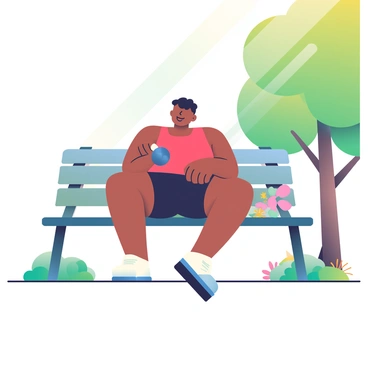 A person with medium skin is sitting on a sunny park bench, performing concentration curls with a dumbbell in their right hand. They have short black hair and are wearing a bright red tank top and black athletic shorts. Their left elbow is resting on their left knee for support, and their facial expression shows focus and determination. Surrounding the bench are green trees with sunlight filtering through the leaves, creating dappled shadows on the ground. A few colorful flowers are blooming nearby, adding vibrant colors to the scene.