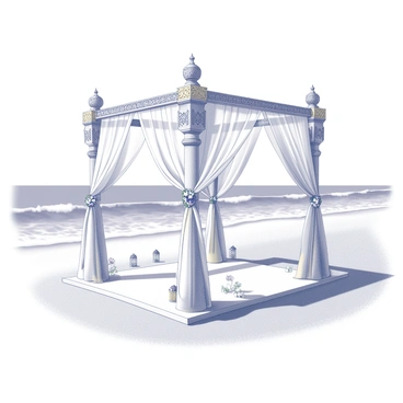 A wedding mandap constructed with four ornate pillars, each adorned with intricate designs and decorative floral arrangements. The structure is draped in flowing white and gold fabrics, creating an elegant canopy overhead. The sandy beach is spread out beneath the mandap, with fine grains of sand visible in the foreground. In the background, gentle ocean waves can be seen rolling onto the shore, creating a serene atmosphere. The sky is bright and clear, indicating a beautiful day for the celebration. Small decorative items such as lanterns and floral arrangements surround the mandap, enhancing the romantic setting.