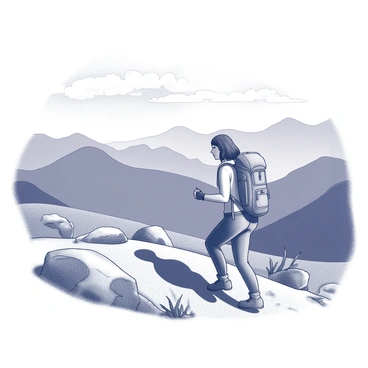 A woman named "Marianne" is hiking along a rugged mountain trail. She is dressed in outdoor gear, including a sturdy backpack and hiking boots. The trail is bordered by rocky outcrops and patches of grass. In the distance, a breathtaking vista of rolling hills and valleys unfolds, with peaks rising majestically into the sky. Clouds drift lazily above, casting shadows on the terrain below. The scene captures the sense of adventure and the beauty of nature.