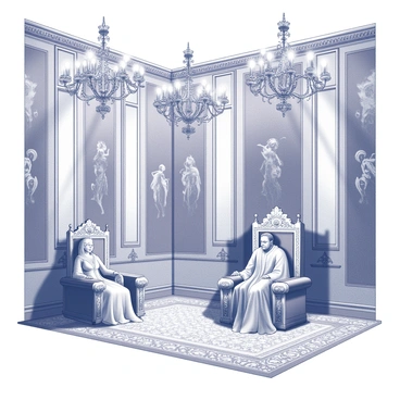 A grand throne room with high ceilings and ornate architectural details. The room features two majestic thrones, one for the king and one for the queen, both intricately carved with elaborate designs. The king is seated on his throne, dressed in a luxurious robe, while the queen, elegantly adorned, sits beside him. Above, several large chandeliers hang, their intricate designs creating striking shadows on the walls. Rich tapestries depicting noble scenes line the walls, enhancing the opulent atmosphere of the room. The floor is covered with a lavish patterned carpet, emphasizing the regal setting.