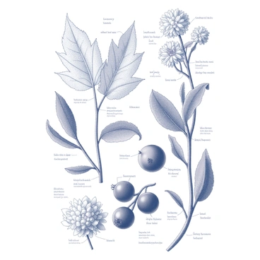 A vintage-style botanical poster displaying detailed diagrams of "elderberry" parts. The poster includes labeled illustrations of "elderberry leaves," "flowers," and "berries." Each part is shown in a precise and scientific manner, highlighting the unique features and structure of the elderberry plant. The diagrams are arranged in an organized layout, with clear lines and annotations that provide informative details about each part. Subtle decorative elements surround the diagrams to enhance the vintage aesthetic of the poster.
