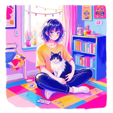 An emo person with black hair styled in a sweeping fringe is sitting cross-legged on a colorful rug in their room. They are wearing a band t-shirt and black skinny jeans. In their lap, they are holding a fluffy black and white cat with a similar emo hairstyle, featuring a side-swept fringe. The room is decorated with posters of bands on the walls and fairy lights strung across the ceiling. Beside them, there is a small bookshelf filled with graphic novels and a few scattered art supplies.