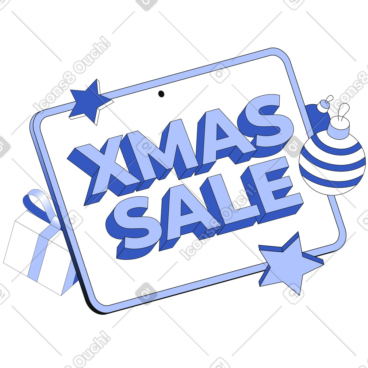 Lettering Xmas Sale with gift box and Christmas bauble text illustration in Techny style download in PNG, SVG