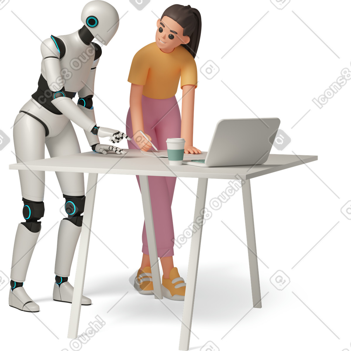 3D Casual life 스타일의 Professional with AI robot discussing project at table 일러스트레이션 PNG, SVG 다운로드