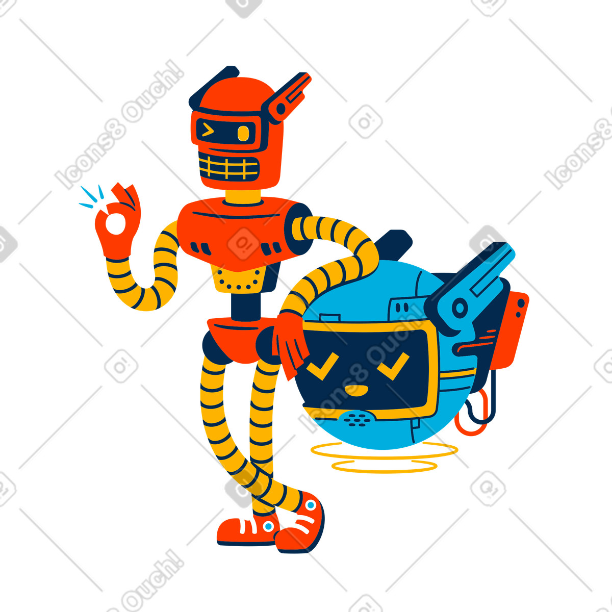 Robots standing together and showing done sign illustration in PNG, SVG