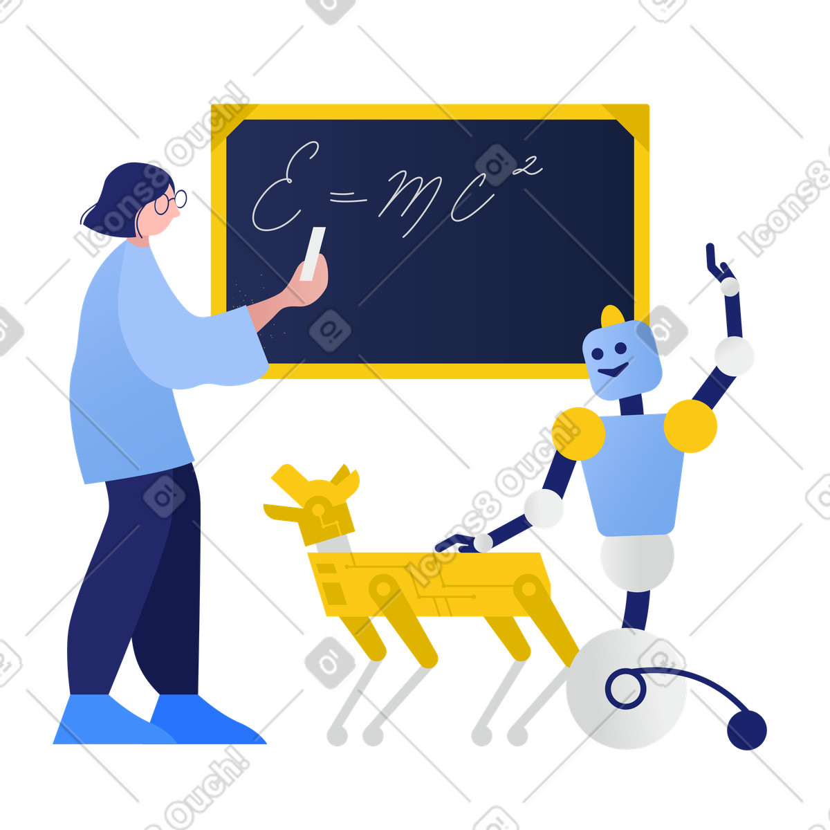 Illustration Une femme enseigne à un robot et à un chien robotisé aux formats PNG et SVG