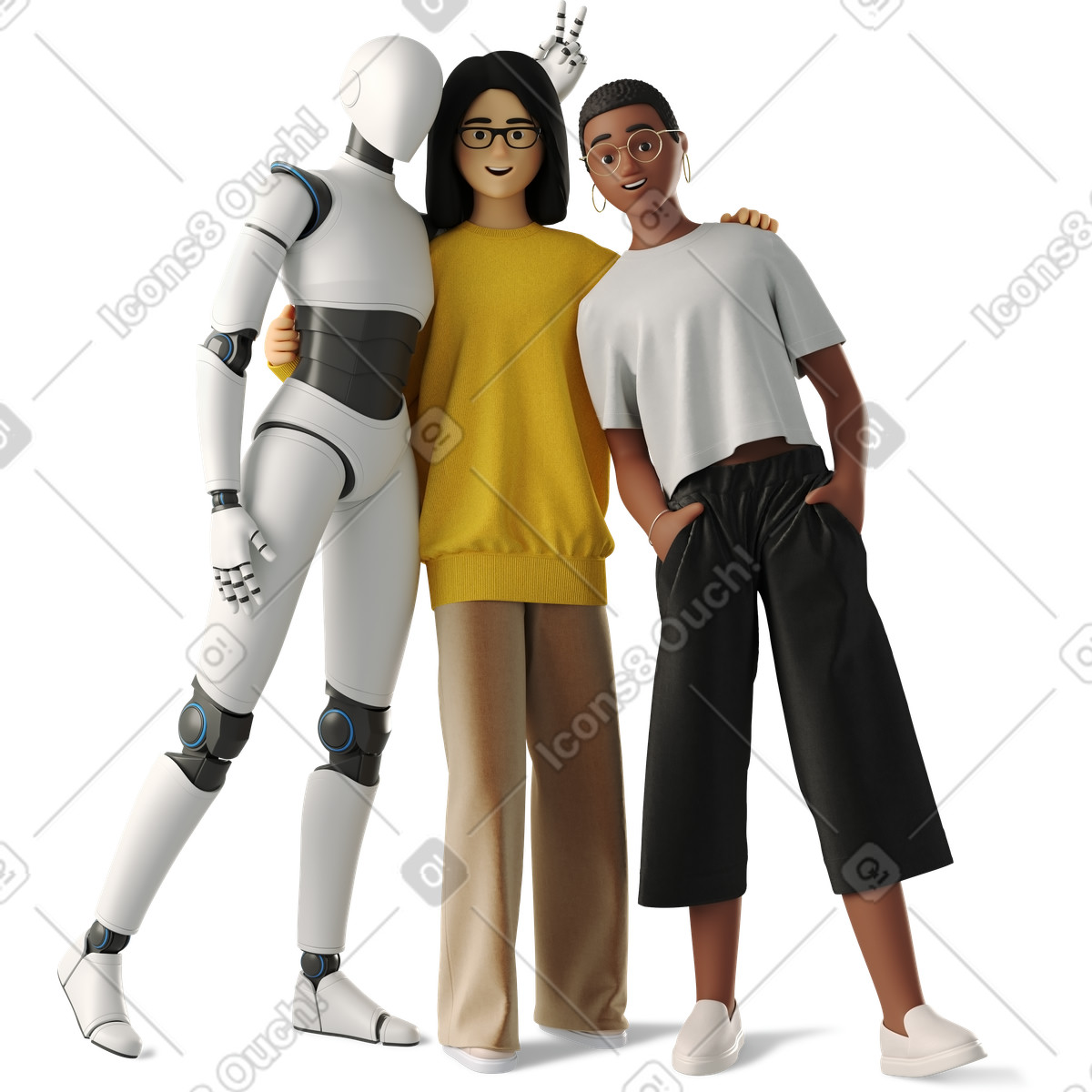 Team members and humanoid robot hugging illustration in 3D Business style download in PNG, SVG