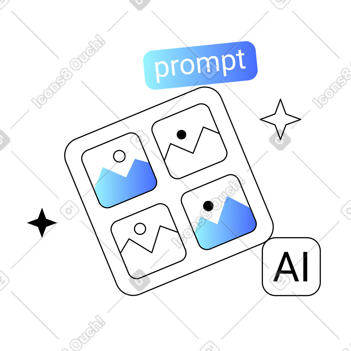 Visual creation using AI prompts, Illustration generation with artificial intelligence in Azure style download in PNG, SVG