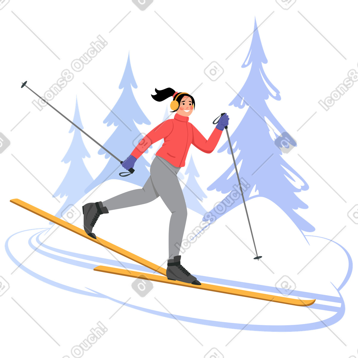 Ilustração de Garota esquiando na floresta em no estilo Lagom para baixar em PNG, SVG