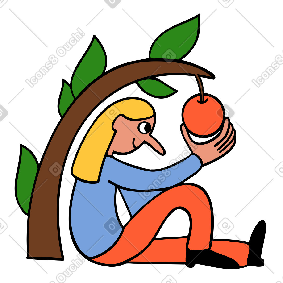 Woman picking apple from tree branch illustration in Comic style download in PNG, SVG
