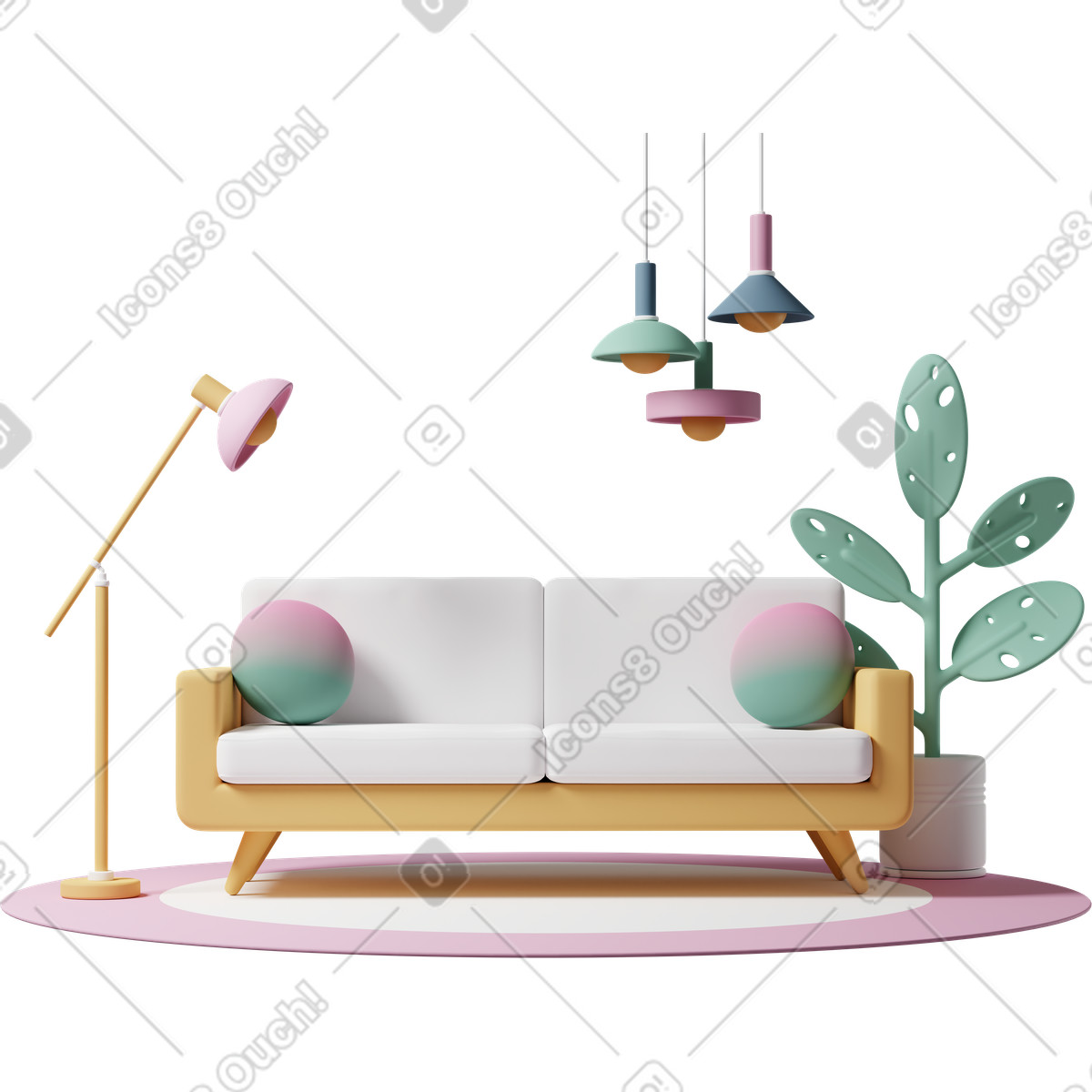 3D Casual life 스타일의 Living room interior set with couch 일러스트레이션 PNG, SVG 다운로드