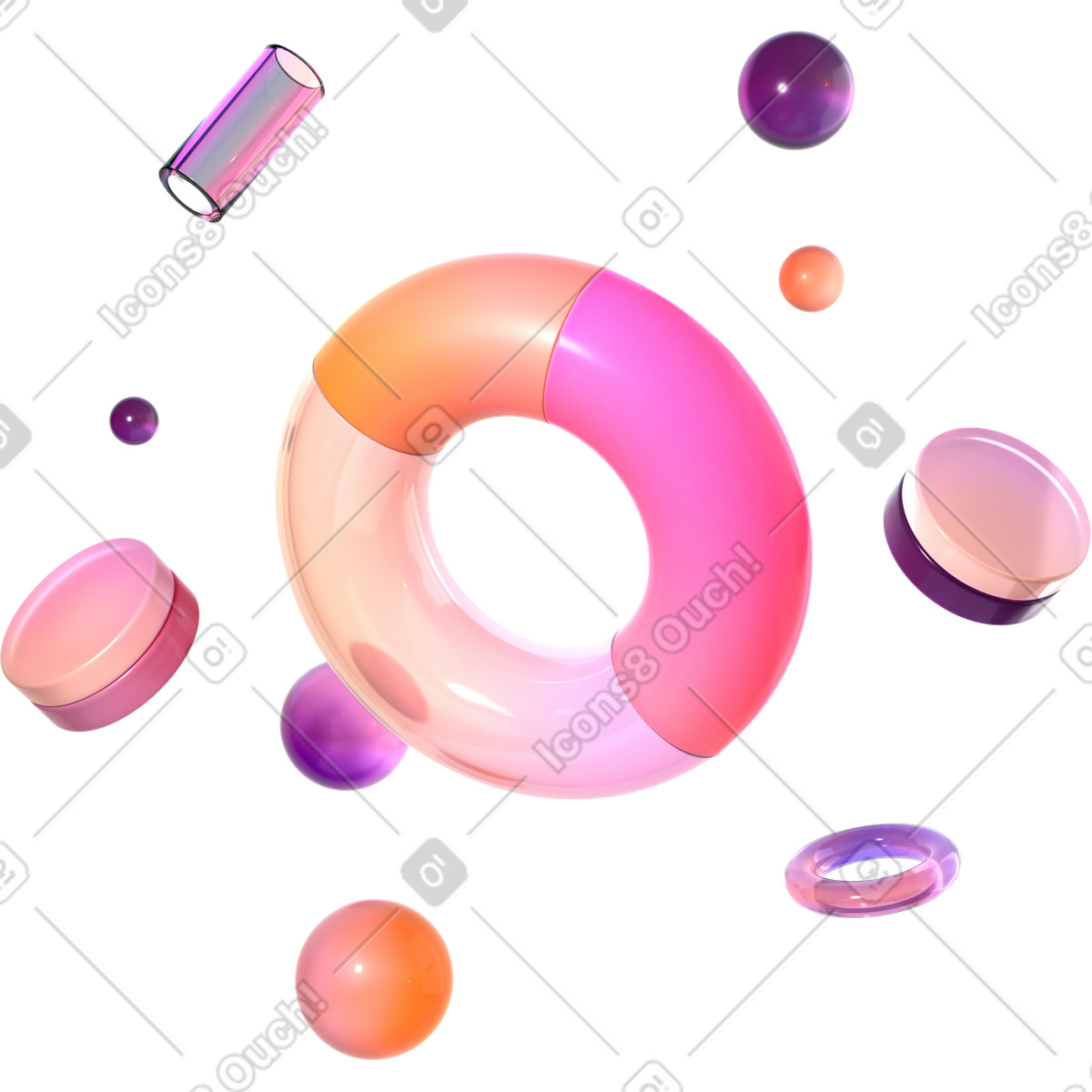 Grafico a ciambella e forme lucide in un ambiente dinamico illustrazione stile 3D Glassy scarica PNG, SVG